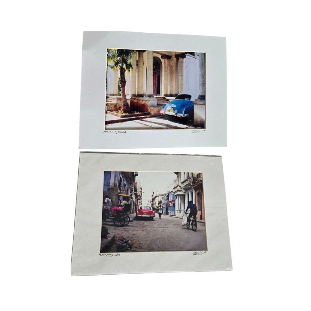 2 Signed Havana Cuba 2001 Color Photo Prints Classic Cars Street Scene Art 11x14